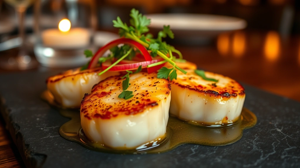 Close-up of seared scallops with brown butter, fresh herbs, and vibrant vegetable garnish on dark slate, warm ambient restaurant lighting, fine dining presentation