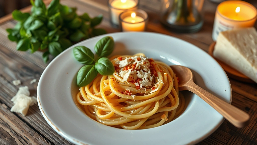 Rustic wooden table setting with handmade pasta dish, fresh basil, parmesan cheese shavings, wooden spoon, and warm candlelight, intimate bistro atmosphere
