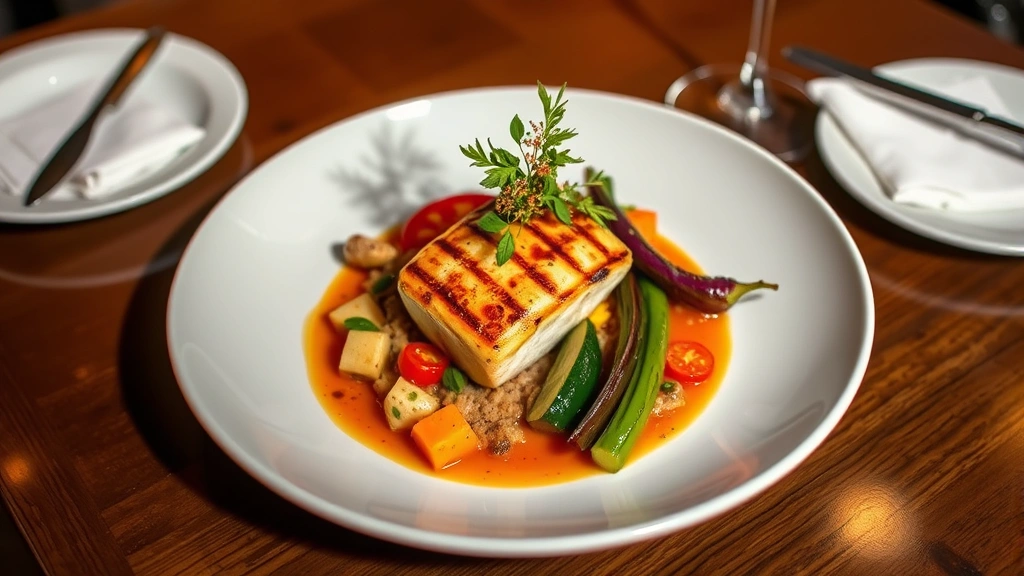 Artfully plated fine dining dish with seasonal vegetables, protein centerpiece, and elegant sauce presentation on white ceramic plate, restaurant lighting, photorealistic food photography