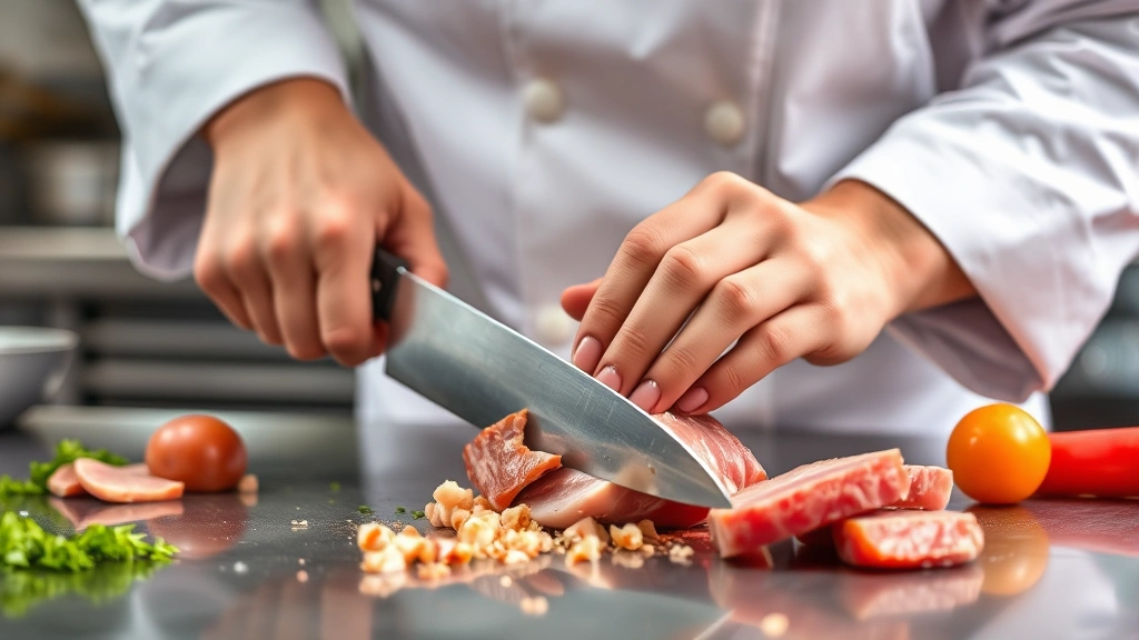 Chef's hands precisely portioning protein with professional knife, demonstrating technique mastery, stainless steel kitchen counter, sharp focus on knife work and ingredient quality