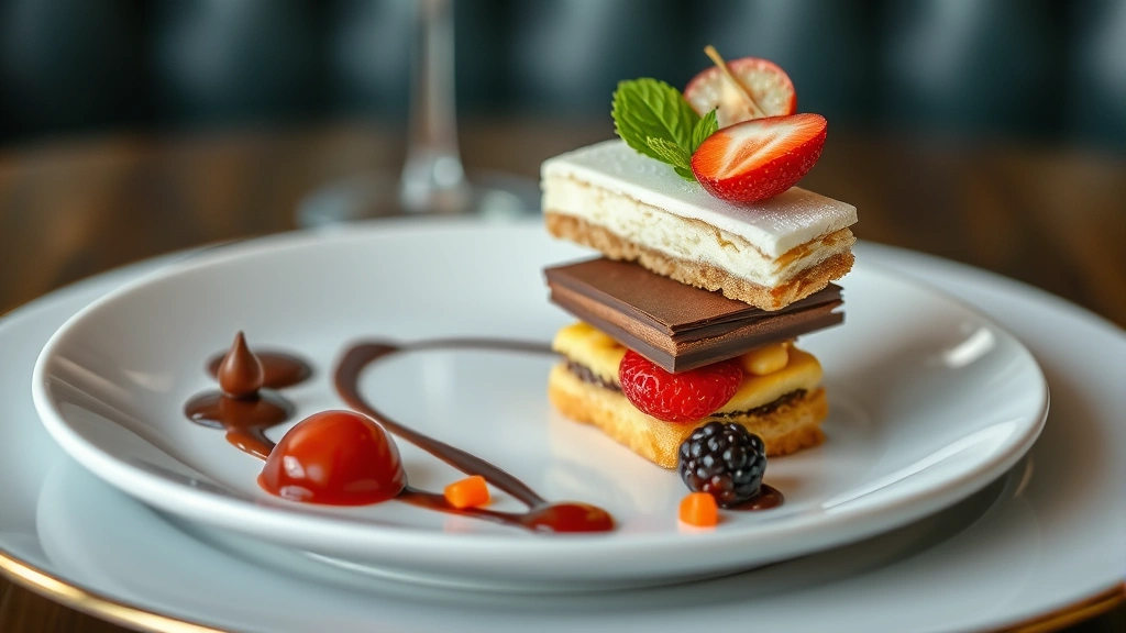 Elegant dessert plate featuring layered pastry components, chocolate garnish, fresh fruit elements, and artistic plating on fine dining plate with sophisticated presentation