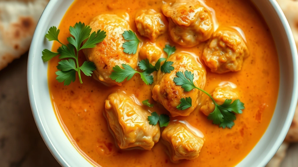 Overhead view of creamy butter chicken curry in shallow white bowl with perfectly cooked tender chicken pieces, silky tomato-cream sauce, fresh cilantro garnish, warm saffron lighting, naan bread partially visible at edge