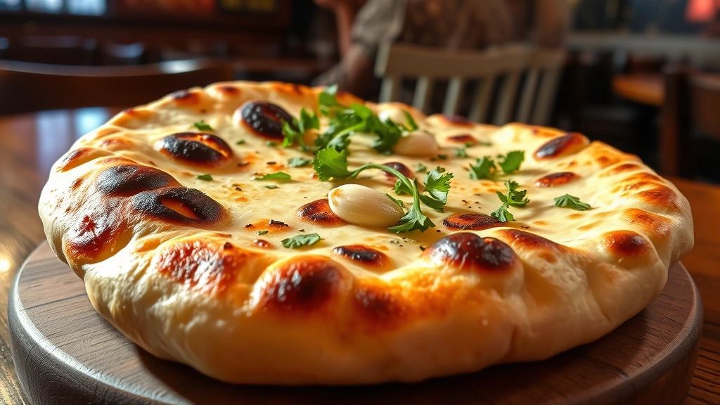 Perfectly blistered naan bread fresh from tandoor oven with charred spots and smoky aroma visible, topped with fresh garlic and cilantro, steam rising, rustic wooden serving surface, warm ambient restaurant lighting