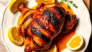 Golden-brown flame-grilled peri-peri chicken with crispy charred skin and glistening sauce, photographed from above on a white ceramic plate with fresh lemon wedges and herbs, vibrant lighting highlighting the caramelization