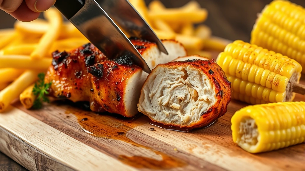 Close-up of a juicy peri-peri chicken breast being sliced open, steam rising, showing the moist tender interior, accompanied by crispy peri-peri fries and garlic butter corn on the cob on a rustic wooden board