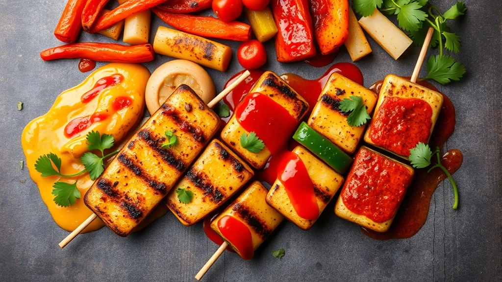 Overhead flat-lay composition of various Nando's heat levels represented by sauce-coated grilled halloumi and vegetables in different shades from pale to deep red, with fresh cilantro garnish, professional food photography styling
