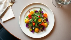Overhead shot of artfully plated farm-fresh vegetable dish with microgreens, edible flowers, and colorful seasonal vegetables arranged on white ceramic plate, restaurant table setting with linen napkin visible