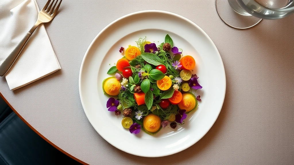 Overhead shot of artfully plated farm-fresh vegetable dish with microgreens, edible flowers, and colorful seasonal vegetables arranged on white ceramic plate, restaurant table setting with linen napkin visible