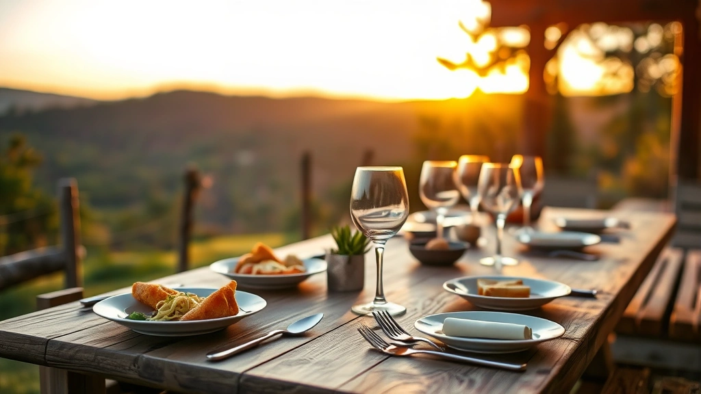 Warm-toned photo of rustic wooden table outdoors at sunset with multi-course dinner service, wine glasses, and blurred forested hills in background, golden hour lighting