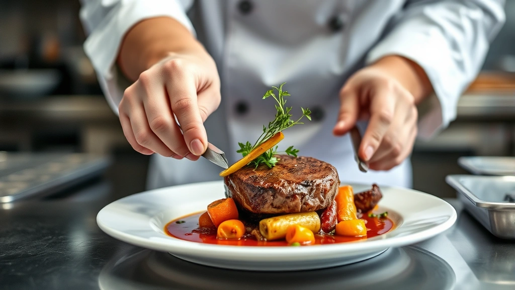 Close-up of chef's hands plating an elegant meat dish with sauce, root vegetables, and herb garnish, professional kitchen environment with stainless steel surfaces slightly blurred behind