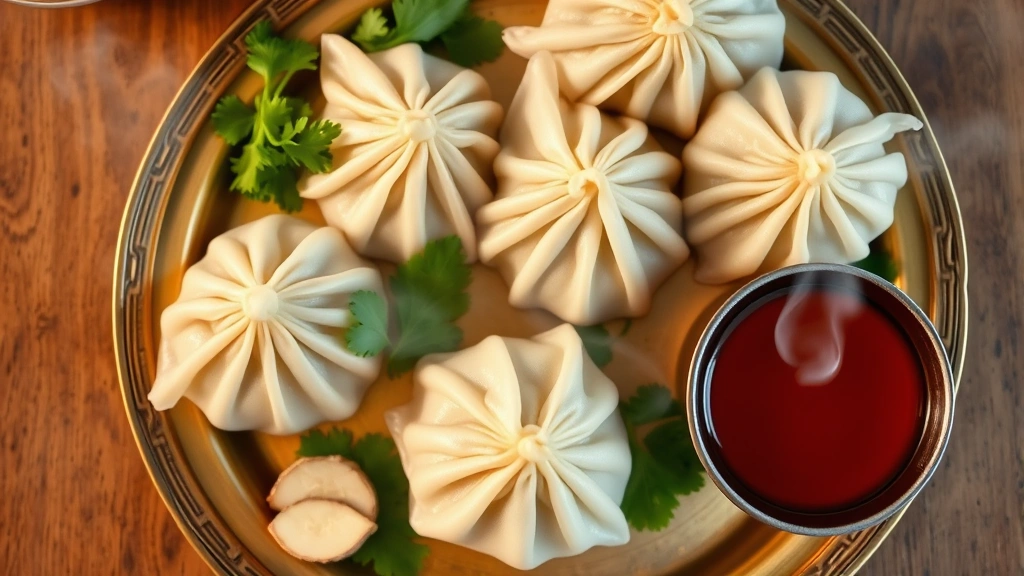 Overhead shot of steaming momos dumplings arranged on a traditional brass plate with fresh cilantro, ginger slices, and a small bowl of red chili oil sauce, warm lighting highlighting the delicate pleats and steam rising from the dumplings