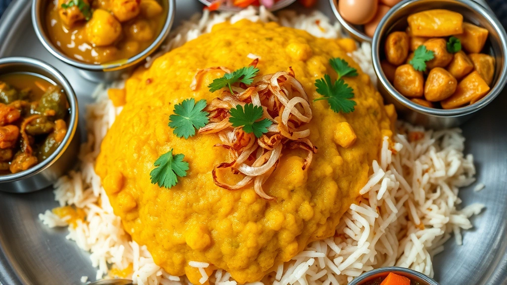 Close-up of golden dal bhat with perfectly cooked basmati rice, topped with crispy fried onions and fresh coriander leaves, accompanied by small bowls of aloo gobi, gundruk, and pickled vegetables arranged artfully around the main plate