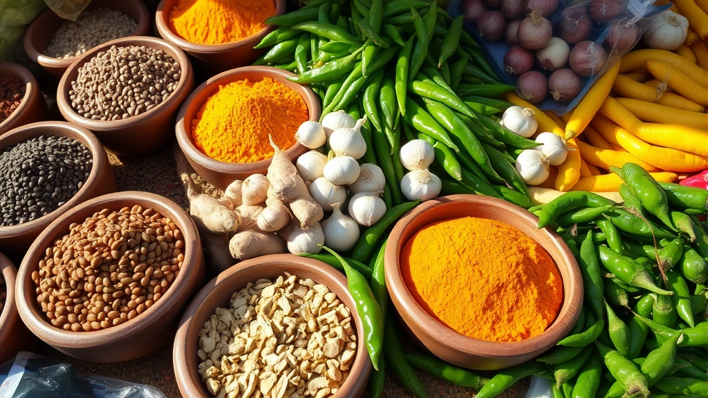 Vibrant market scene of fresh Nepali ingredients including whole spices in wooden bowls (cumin seeds, coriander, turmeric), fresh ginger root, garlic bunches, green chilies, and leafy greens, natural daylight streaming across the colorful arrangement