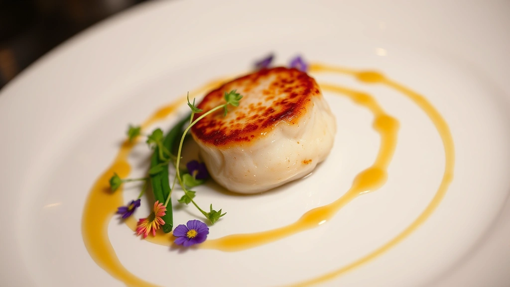 Close-up of plated fine dining dish featuring perfectly seared scallop with microgreens, edible flowers, and artistic sauce swirl on white ceramic plate, professional restaurant lighting