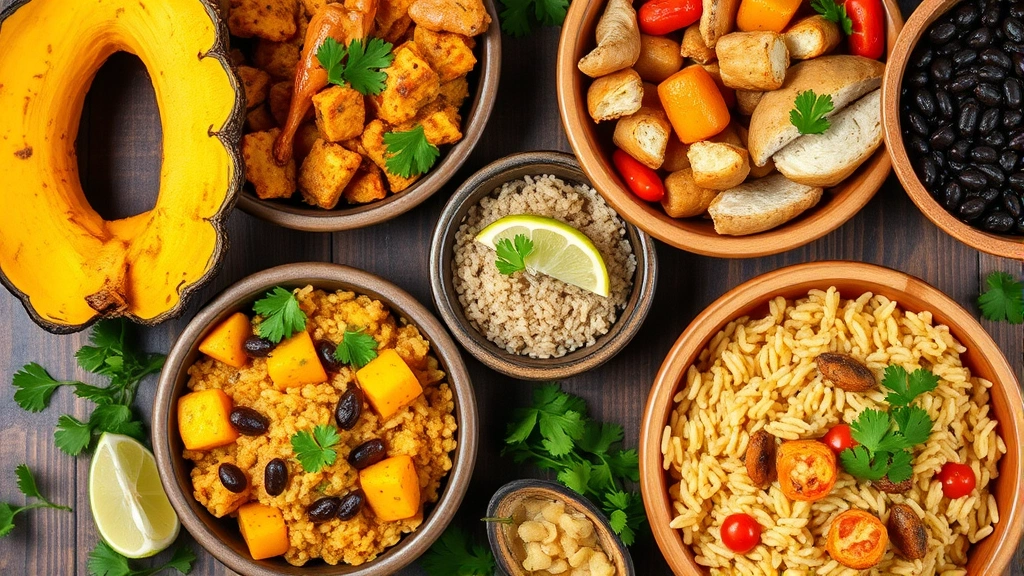 Overhead view of colorful traditional Latin American feast with plantain mofongo, arroz con pollo, black beans, and fresh cilantro garnish in rustic serving bowls