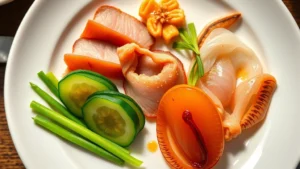 Overhead view of elegant Chinese cold appetizer platter with sliced tea-smoked duck breast, smacked cucumber with chili oil, and jellyfish arranged on white plate with sesame garnish and fresh scallions, professional restaurant lighting, shallow depth of field
