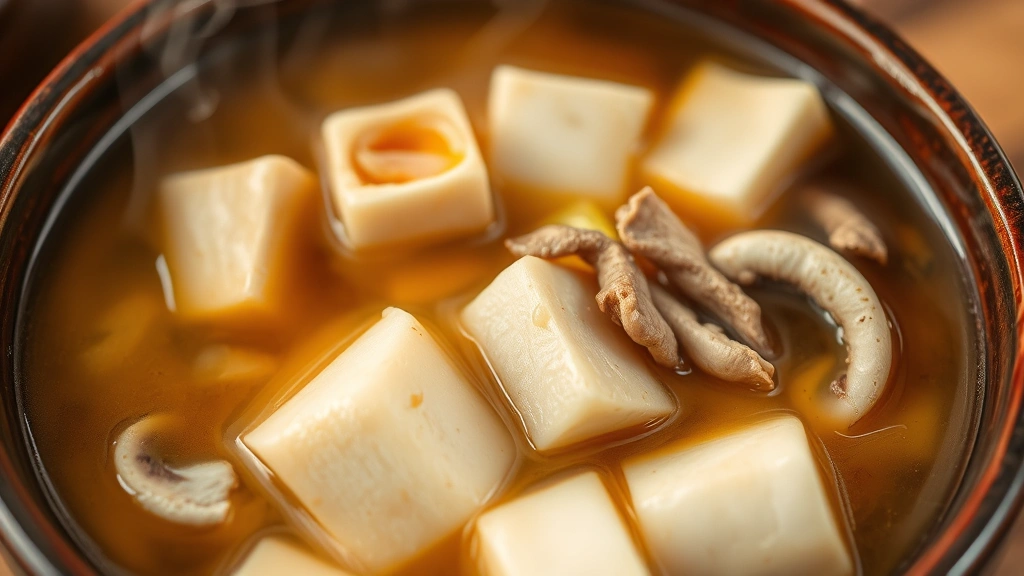 Close-up of steaming bowl of hot and sour soup with silken tofu cubes, bamboo shoots, wood ear mushrooms, and tender pork strips, aromatic steam rising, traditional ceramic bowl, warm ambient lighting reflecting off broth surface