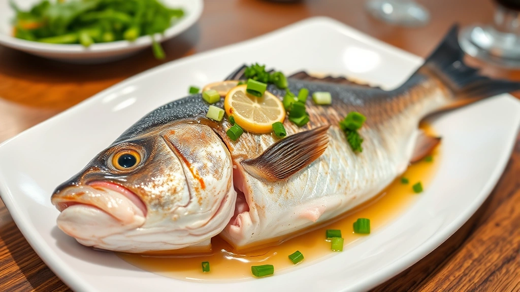 Perfectly plated whole steamed sea bass with ginger slices and scallions, drizzled with hot aromatic oil, garnished with cilantro, on white ceramic plate, professional restaurant plating, shallow focus on fish flesh detail