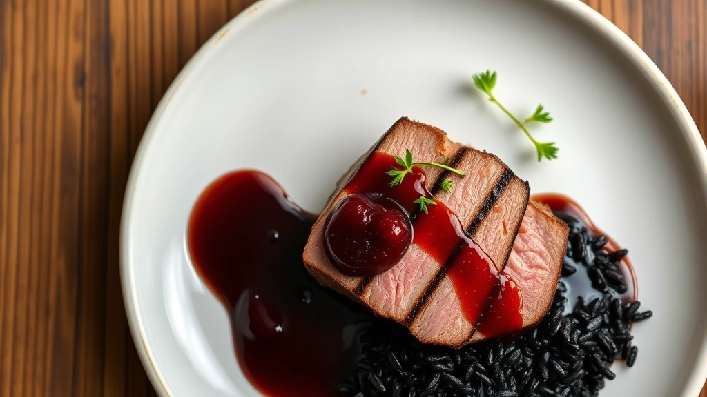 Overhead shot of perfectly seared duck breast with glossy cherry gastrique reduction and forbidden black rice arranged on white ceramic plate, garnished with microgreens, soft warm lighting