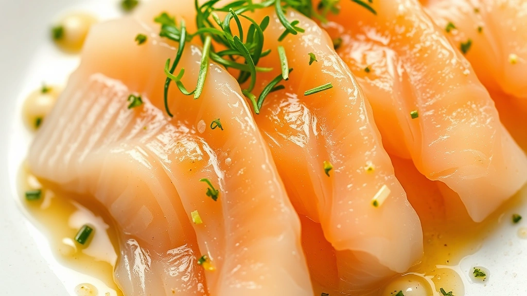 Close-up of delicate hamachi crudo sliced thin with yuzu citrus and white miso dressing, microgreens scattered artfully, translucent raw fish showing premium quality, professional plating