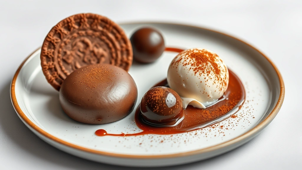 Artistic plated chocolate dessert featuring dark chocolate mousse quenelle, crispy chocolate sablé cookie, ganache sphere, and vanilla ice cream with cocoa dust, fine dining presentation