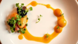 Overhead shot of an elegantly plated fine dining dish featuring seasonal vegetables, microgreens, and artistic sauce work on white ceramic plate, warm professional kitchen lighting, shallow depth of field