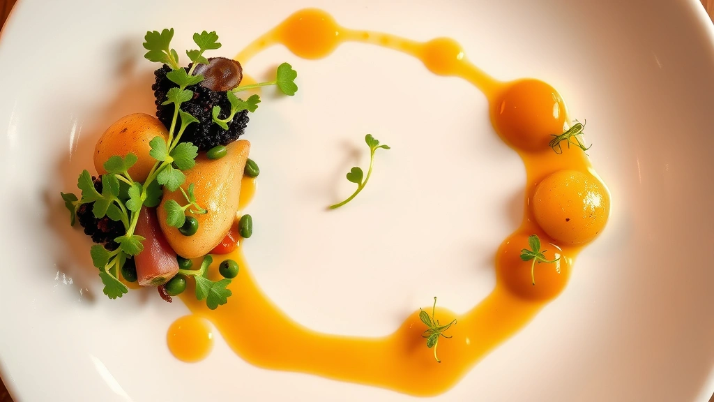 Overhead shot of an elegantly plated fine dining dish featuring seasonal vegetables, microgreens, and artistic sauce work on white ceramic plate, warm professional kitchen lighting, shallow depth of field