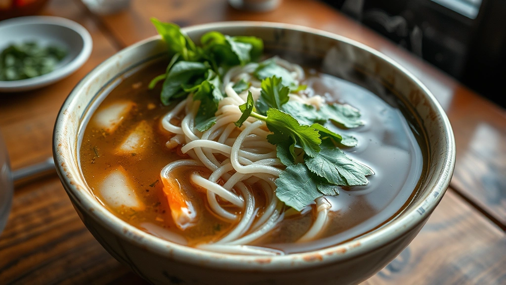 Close-up of steaming bowl of Vietnamese pho with fresh herb garnishes, rice noodles, and rich broth, steam rising, rustic wooden table, natural daylight from window