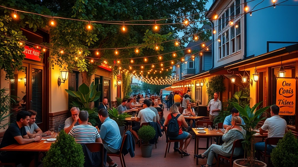 Vibrant outdoor patio dining scene at dusk with warm string lights overhead, diners enjoying meals at wooden tables surrounded by potted plants and greenery, intimate neighborhood atmosphere