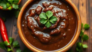 Vibrant overhead shot of traditional Mexican mole sauce with chocolate-chile complexity, fresh cilantro garnish, rustic ceramic bowl, warm lighting highlighting rich brown color
