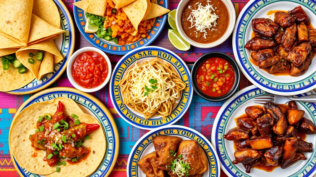 Colorful array of authentic Mexican dishes including handmade corn tortillas, vibrant red and green salsas, chile rellenos with melted cheese, and slow-cooked carnitas on traditional plates