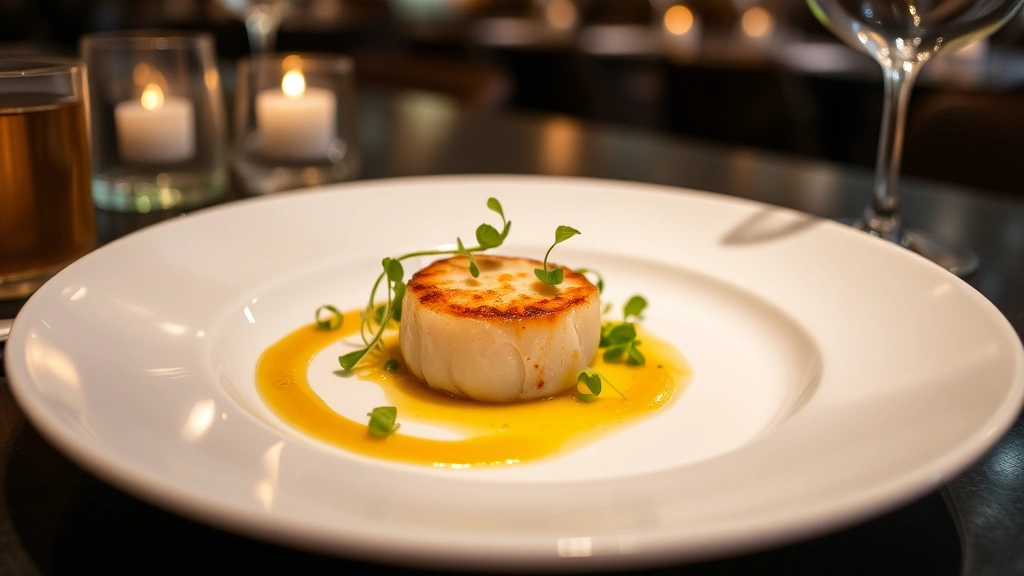 Elegantly plated fine dining course featuring perfectly seared scallop, seasonal microgreens, artistic reduction sauce, and pristine white ceramic plate under soft restaurant lighting