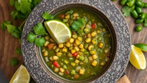 Overhead shot of traditional molcajete filled with vibrant salsa verde, showing freshly ground ingredients, cilantro sprigs, lime wedge, and molcajete's rustic volcanic stone texture