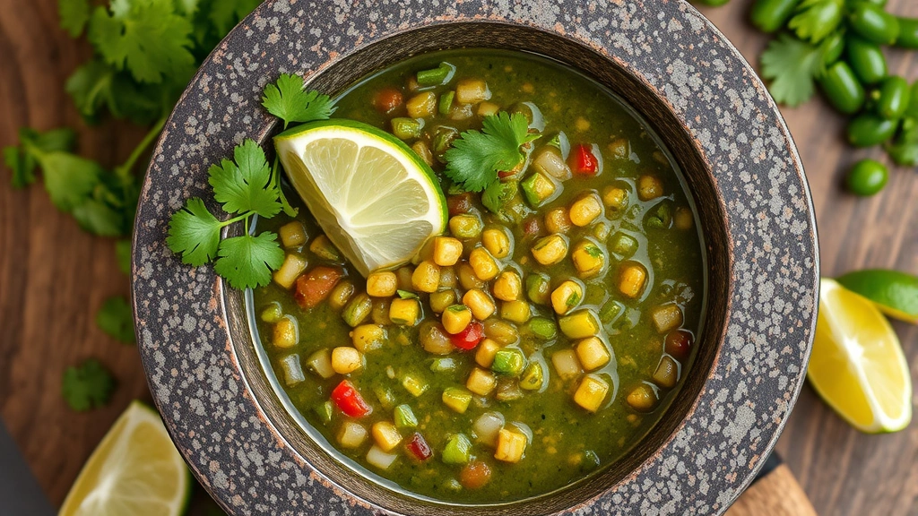 Overhead shot of traditional molcajete filled with vibrant salsa verde, showing freshly ground ingredients, cilantro sprigs, lime wedge, and molcajete's rustic volcanic stone texture