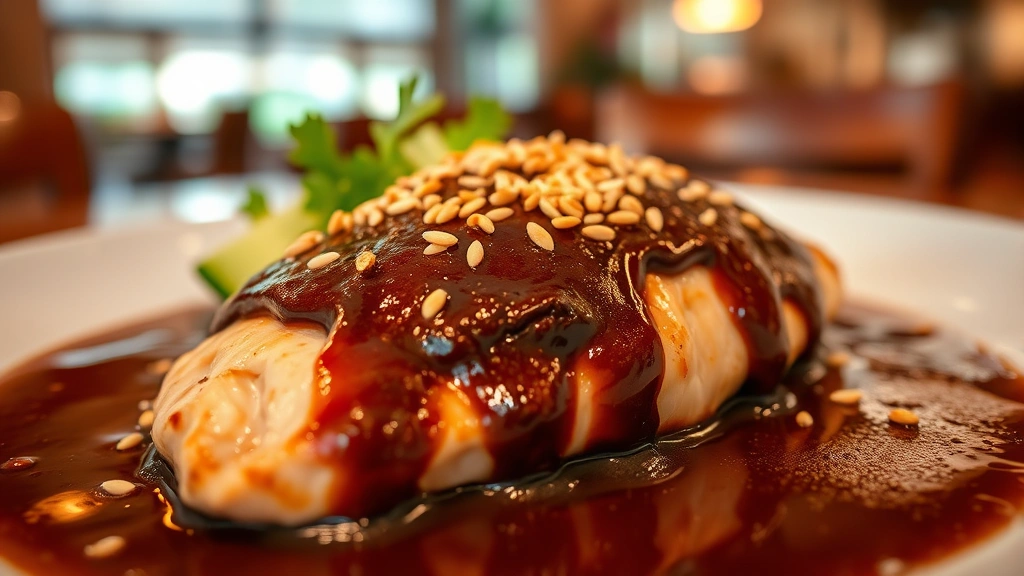 Close-up of perfectly plated mole negro served over tender chicken breast, rich chocolate-brown sauce glistening, toasted sesame seeds scattered on top, with blurred warm-lit restaurant background