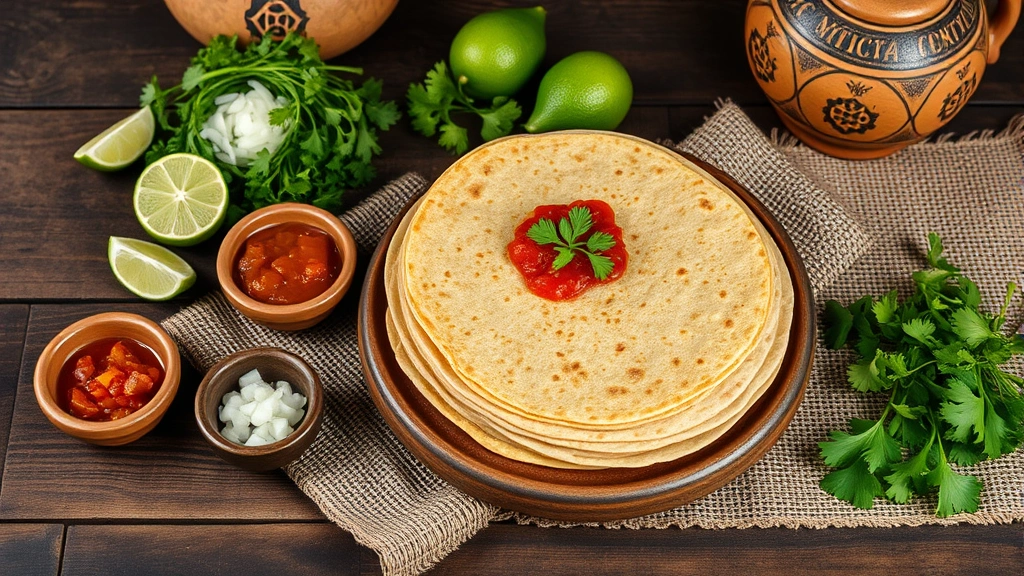 Flat lay of authentic Mexican table setting: handmade corn tortillas stacked on woven cloth, small ceramic bowls of different salsas, fresh lime halves, diced onion, cilantro bunch, and rustic pottery