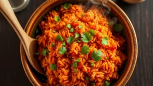 Close-up overhead shot of steaming bowl of jollof rice with vibrant red tomato-infused grains, scattered fresh cilantro garnish, soft golden lighting, wooden serving spoon, rustic ceramic bowl on dark wooden table