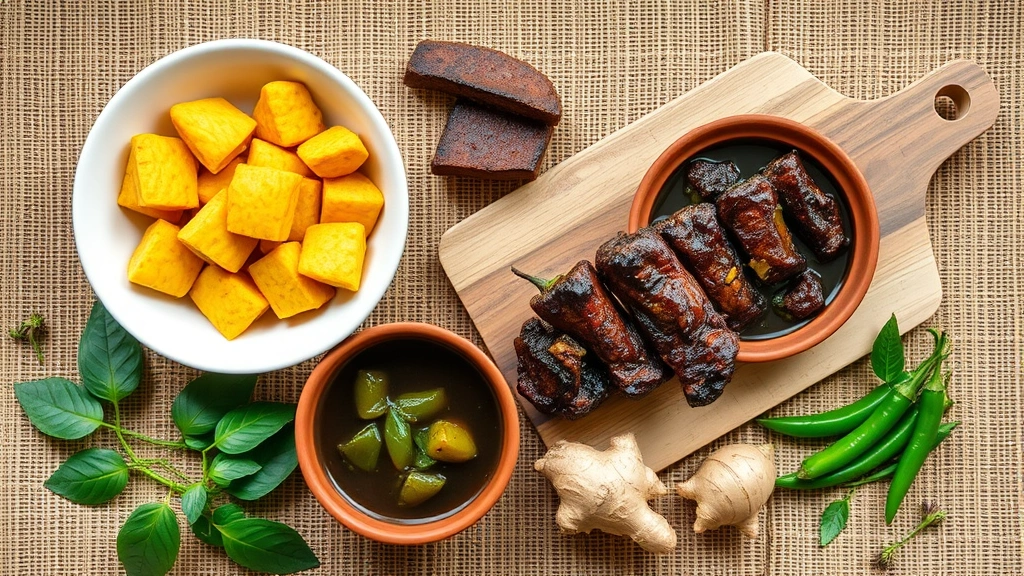 Artistic flat lay of Nigerian meal components: golden pounded yam in white ceramic bowl, rich dark egusi soup with visible leafy greens in terracotta bowl, grilled suya meat with reddish peanut coating on wooden board, fresh scotch bonnet peppers, whole ginger root, arranged on woven mat with natural lighting