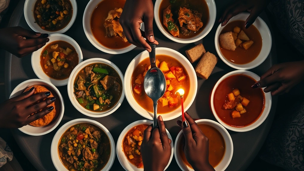 Vibrant overhead shot of shared Nigerian dining experience: multiple white bowls containing different soups and stews with various textures and colors, pieces of eba and pounded yam on the side, hands reaching toward communal serving spoon, warm candlelight creating shadows, showcasing communal eating tradition