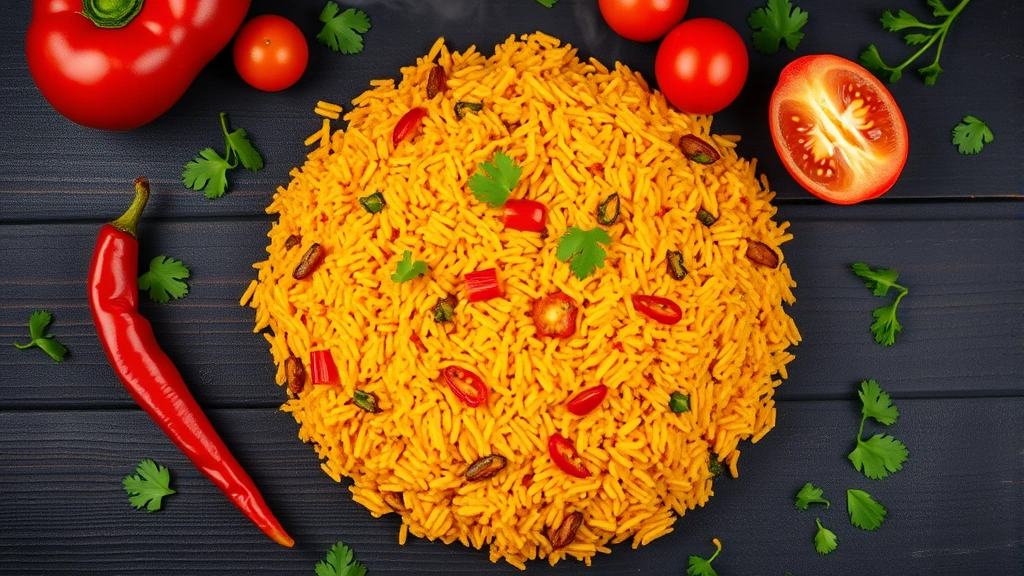 Overhead shot of vibrant jollof rice with perfectly crispy golden bottom layer, surrounded by fresh red peppers, tomatoes, and scattered cilantro leaves on dark wooden surface, steam rising, photorealistic culinary photography