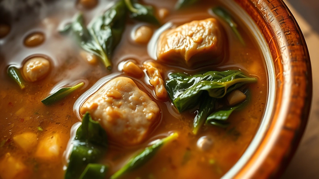 Close-up of steaming bowl of Nigerian egusi soup with glossy melon seed broth, leafy greens suspended throughout, chunks of tender meat visible, traditional earthenware bowl, warm lighting highlighting the rich amber color, photorealistic food styling