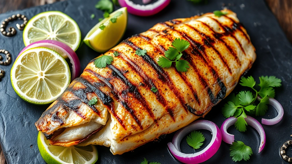 Grilled tilapia fish fillet with charred skin, surrounded by fresh lime wedges, sliced red onions, and bright green cilantro, served on dark slate plate, golden crispy exterior detail visible, professional culinary plating, photorealistic