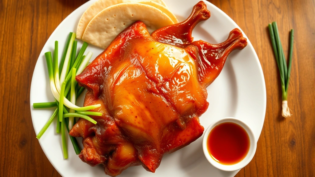 Professional overhead shot of Peking duck on white ceramic plate with paper-thin skin glistening under warm restaurant lighting, accompanied by thin pancakes, hoisin sauce in small bowl, and fresh julienned cucumber and scallions arranged artfully beside