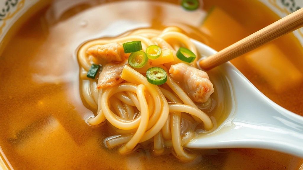 Close-up of steaming hand-pulled noodles in rich golden broth, individual noodle strands visible with glossy coating, fresh green onion and protein garnish floating on surface, wooden chopsticks resting on porcelain spoon, steam rising visibly