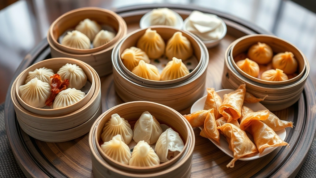 Elegant dim sum spread shot featuring multiple bamboo steamer baskets opened to reveal delicate dumplings, char siu bao with perfect golden pleats, translucent shrimp har gow, and crispy spring rolls arranged on traditional round lazy susan, soft natural lighting highlighting textures