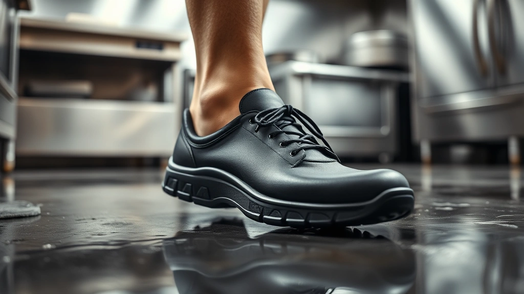 Close-up of a professional chef's foot in a black non slip shoe standing on a wet, glistening commercial kitchen floor with stainless steel surfaces blurred in background, dramatic lighting highlighting the shoe's grip pattern and tread detail