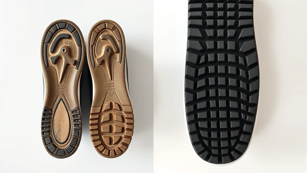 Split-screen comparison showing a worn-out regular sneaker sole next to a pristine non slip restaurant shoe sole with deep tread pattern, photographed from above on a white surface to emphasize texture differences