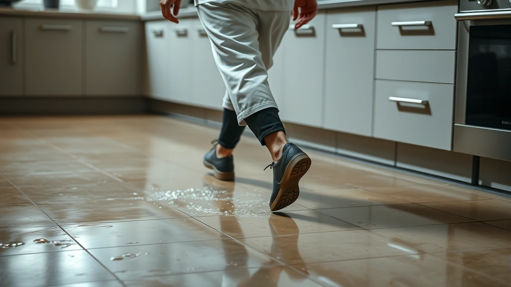 Action shot of a chef in professional kitchen attire quickly moving across a wet tile kitchen floor in non slip shoes, with water droplets visible on the floor and motion blur conveying dynamic movement and confidence