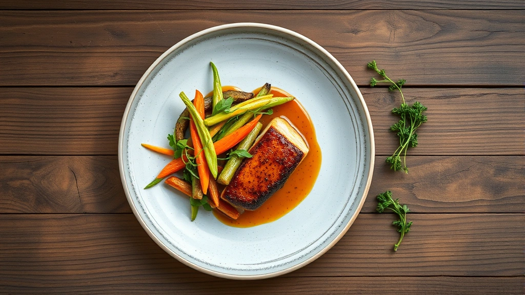 Overhead shot of a rustic wooden table with a perfectly plated farm-to-table dish featuring colorful seasonal vegetables, microgreens, and a protein with glossy sauce, natural window lighting, artisanal ceramic plate, fresh herbs scattered nearby