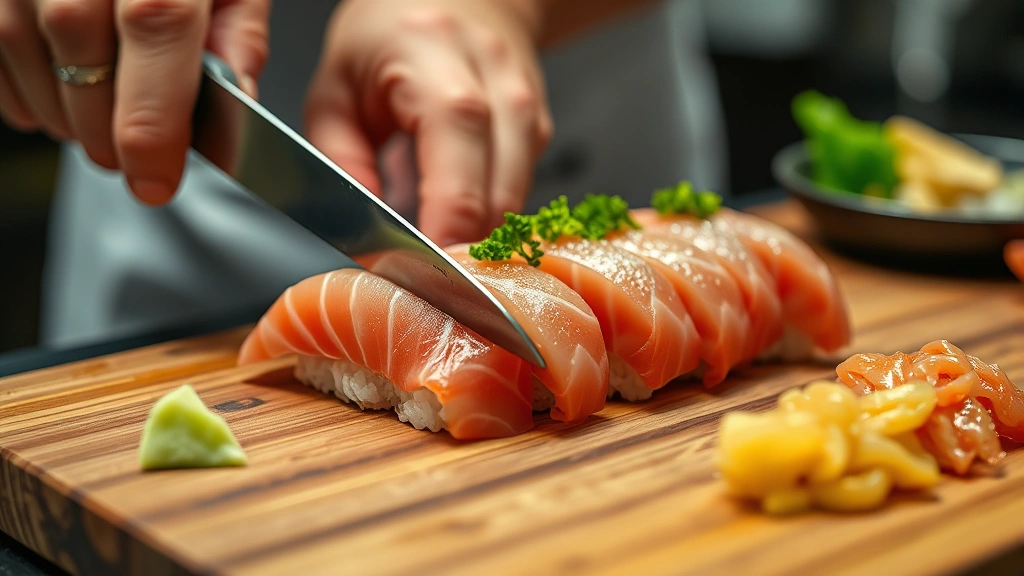 Close-up of hands preparing fresh sushi nigiri on a wooden board, showing precise knife work with glistening raw fish, perfectly shaped rice, wasabi, and pickled ginger, professional kitchen lighting, showcasing technique and ingredient quality